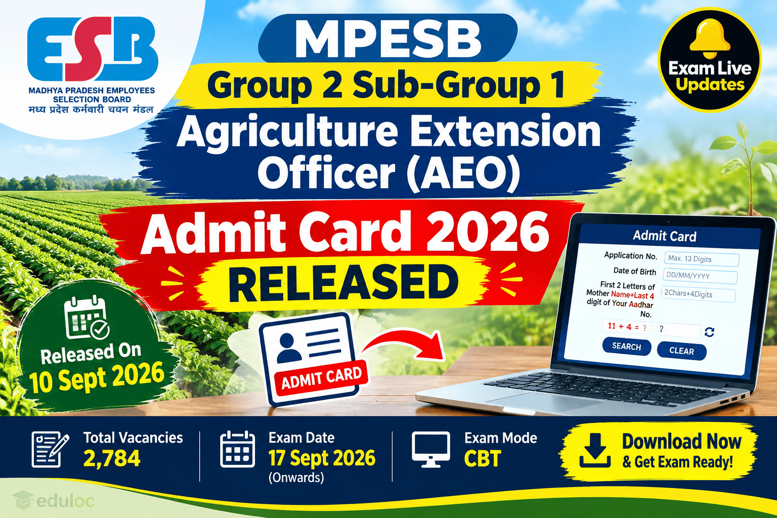 MPESB Group 2 Sub-Group 1 Agriculture Extension Officer (AEO) Admit Card 2026 OUT