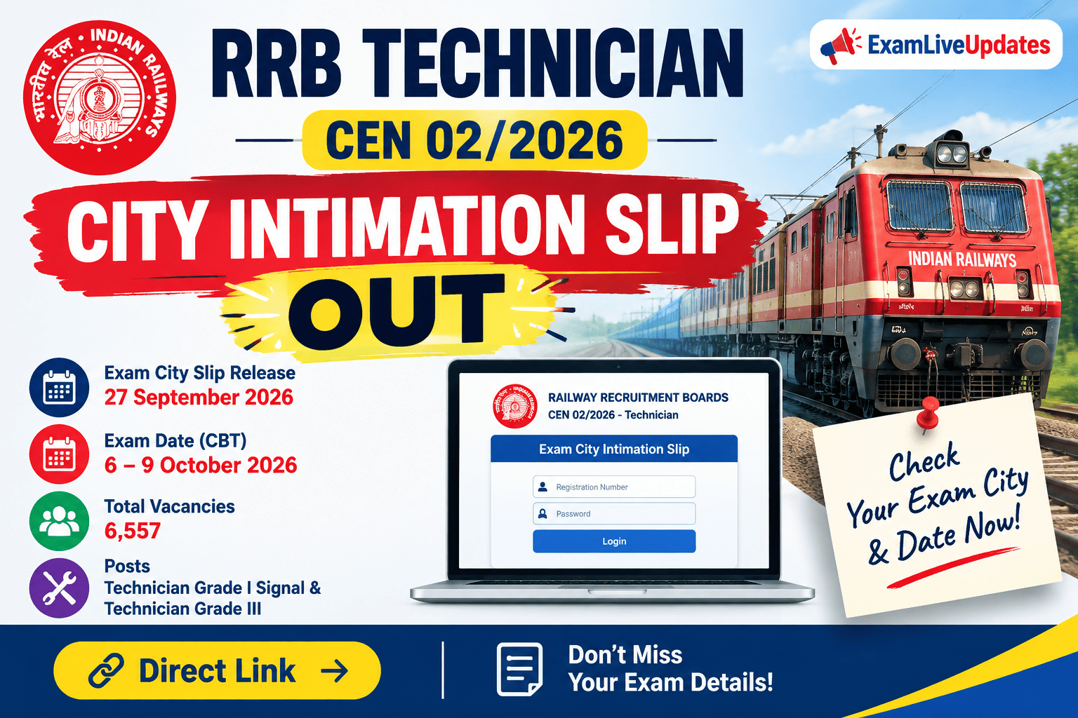 RRB Technician City Intimation Slip 2026 OUT