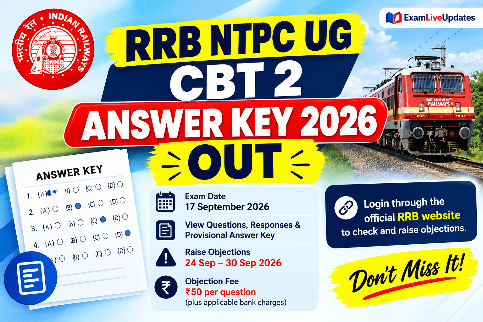 RRB NTPC UG CBT 2 Answer Key 2026 Out